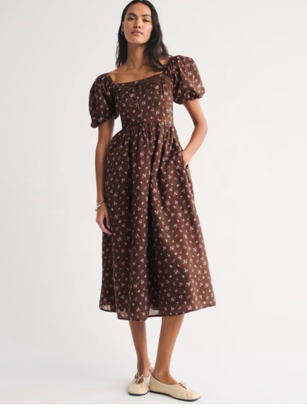 Brown Floral Puff-Sleeve Midi Dress